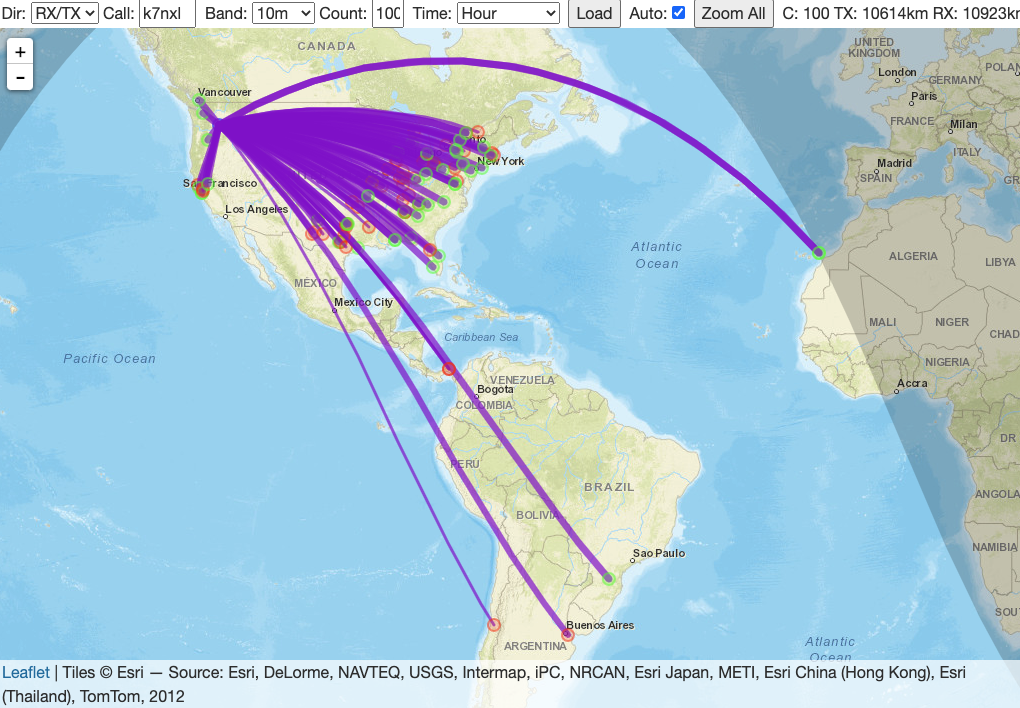 Map of 10m WSPR from my QTH at 10am local time