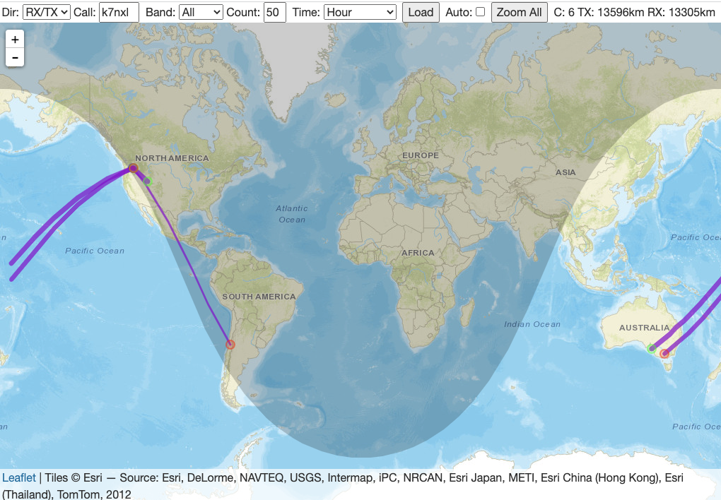 Map of 10m WSPR spots from my QTH at 4:15 local time