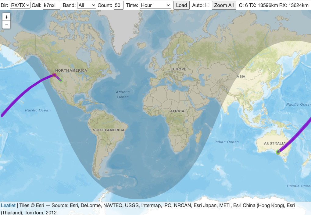 Map of 10m WSPR spots from my QTH at 5pm local time