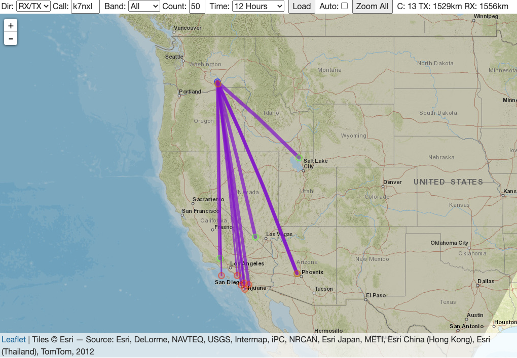 Map of 10m WSPR spots from my QTH at 5am local time