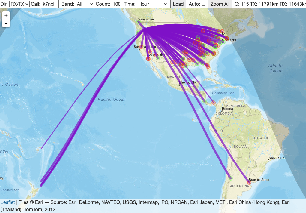 Map of 10m WSPR spots from my QTH at 1pm local time